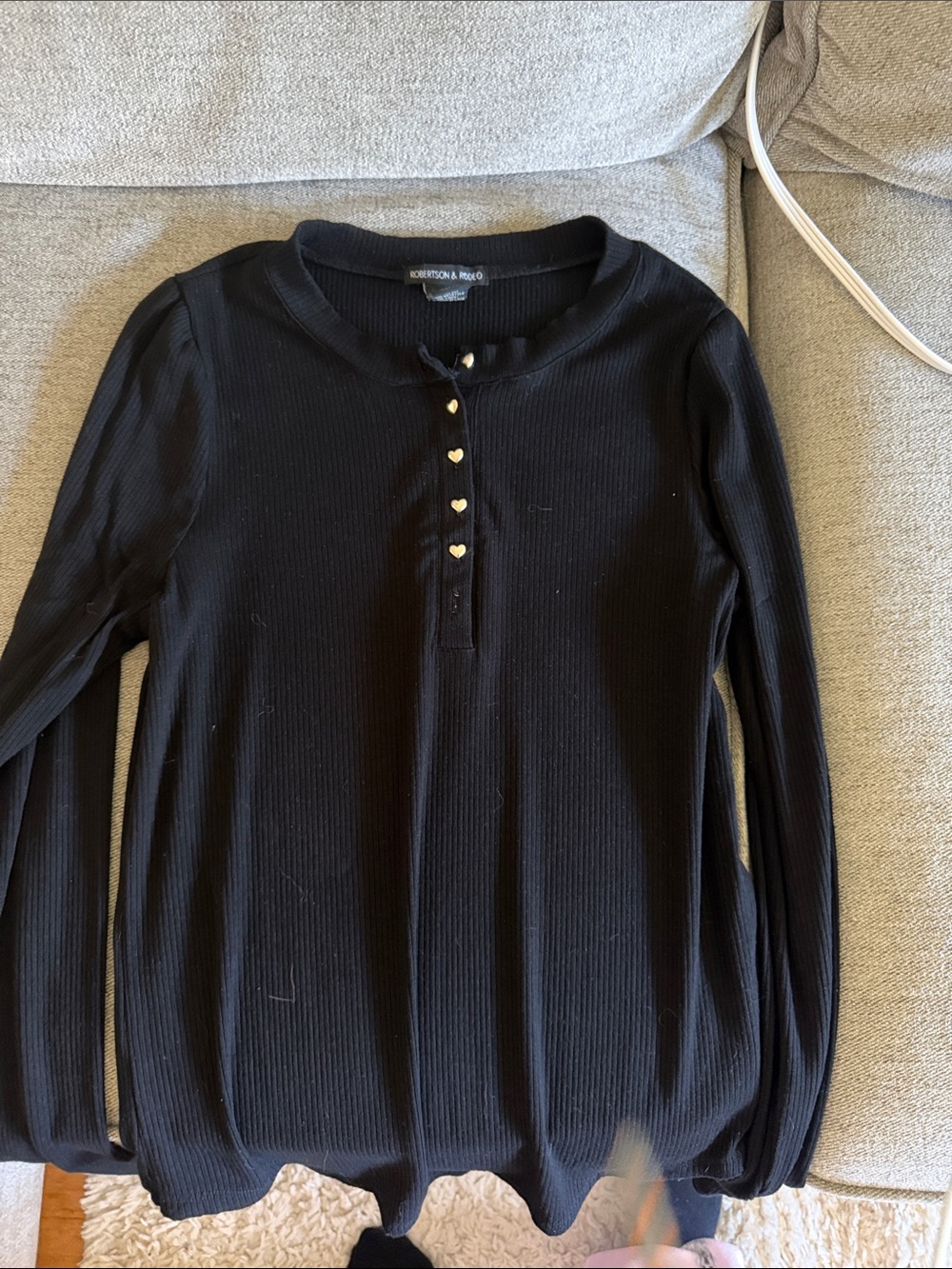 Black Ribbed Long Sleeve Top with Heart Buttons